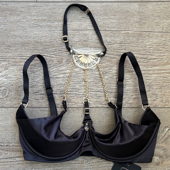 Honey Birdette Adele Black Balconette Bra w Gold Accents & Chain Details - Picture 8 of 9